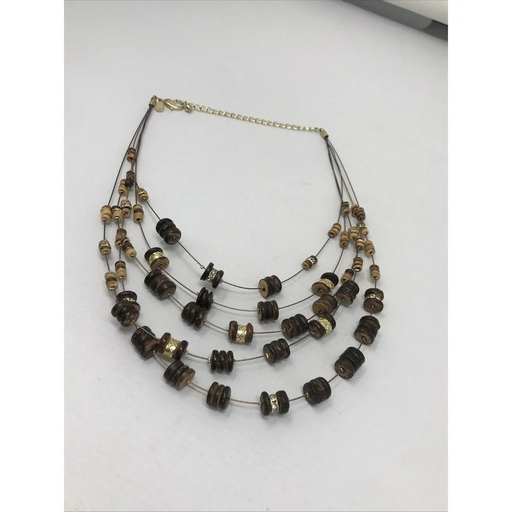 CHICO'S Necklace Brown Gold Tone  Multi Strand Floating Beads Earth Natural Tone